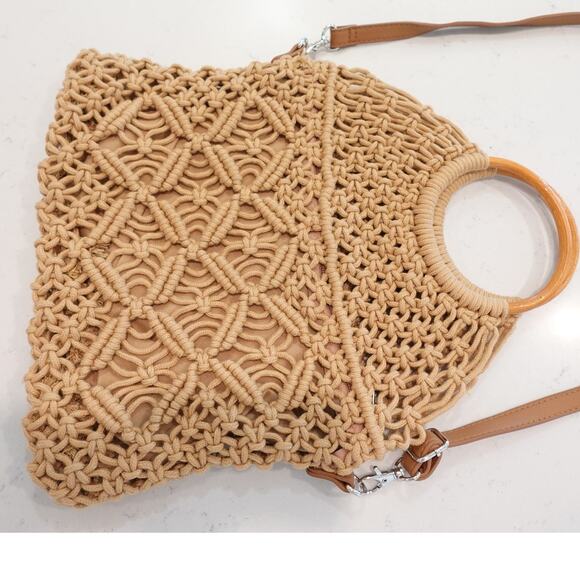 ZIPPER CLOSER TAN MACRAME RING CROSSBODY BOHO BAG - Picture 8 of 13
